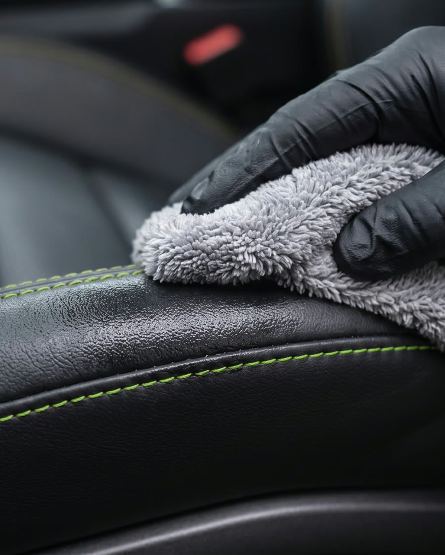 Leather seat being wiped with microfiber